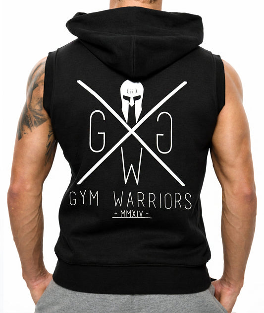 Gym Generation ärmelloser Hoodie schwarz Herren – Rückenansicht mit Spartaner Gym Warriors Logo, Sleeveless Gym Hoodie für Krafttraining