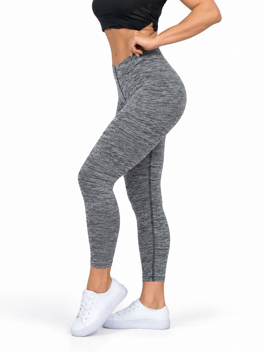 Graue Leggings Damen von der Seite, meliert und figurnah bis knapp über den Knöchel, Gym Generation