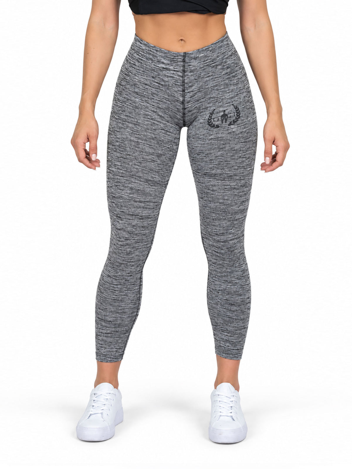 Legging fitness femme gris vu de face, chiné, taille haute avec logo Gym Generation sur la cuisse
