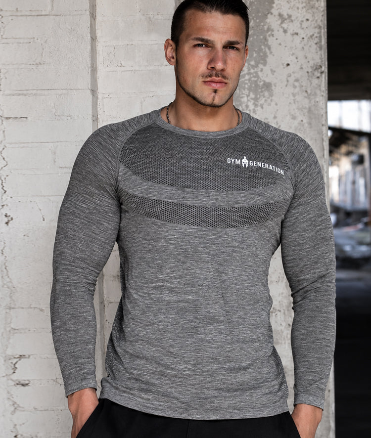 T-shirt manches longues sans coutures homme taupe en nylon et polyester, modèle de face, Gym Generation