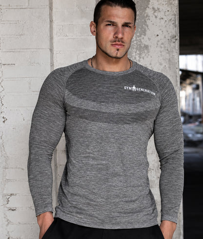 T-shirt manches longues sans coutures homme taupe en nylon et polyester, modèle de face, Gym Generation