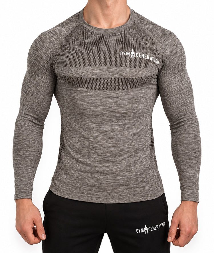 T-shirt manches longues seamless homme taupe avec manches raglan, zone tricotée sur la poitrine et lettrage Gym Generation blanc, vue de face