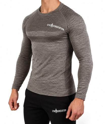Haut technique manches longues homme taupe vu de côté, ajusté avec zones tricotées sur la poitrine et les flancs, Gym Generation