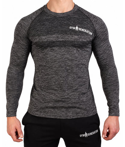 Seamless Langarmshirt Herren Dunkelgrau mit Lochstruktur über der Brust und Gym Generation Schriftzug in Weiss, Frontansicht