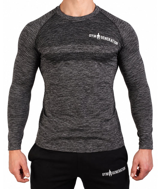 Seamless Langarmshirt Herren Dunkelgrau mit Lochstruktur über der Brust und Gym Generation Schriftzug in Weiss, Frontansicht