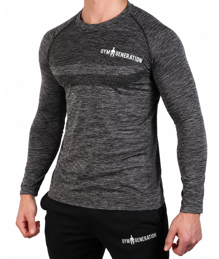 Dunkelgraues Seamless Shirt für Herren in der Seitenansicht mit Raglanärmeln und Strickzonen an den Flanken, Gym Generation