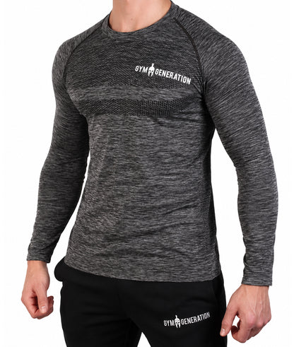 Dunkelgraues Seamless Shirt für Herren in der Seitenansicht mit Raglanärmeln und Strickzonen an den Flanken, Gym Generation