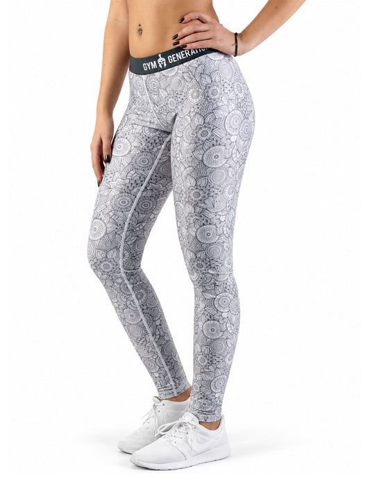 Mandala Fitness Leggings Damen Grau in der Seitenansicht mit schwarzem Gummibund, Gym Generation