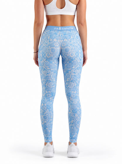 Women's light blue mandala yoga leggings, rear view with elastic waistband, Gym Generation