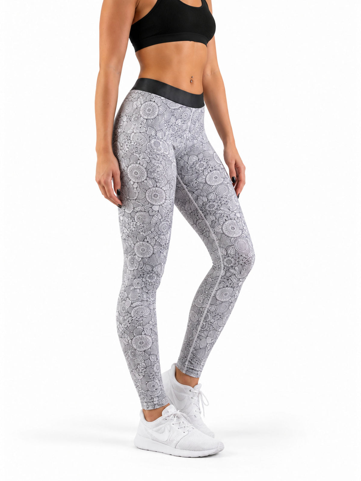 Sport Leggings Damen Grau mit Mandala-Print, Seitenansicht in voller Länge, Gym Generation