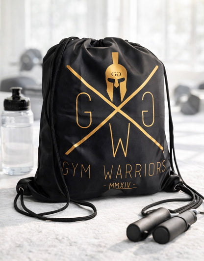 Schwarzer Gym Turnbeutel von Gym Generation mit goldenem ‚Gym Warriors‘ Logo – Premium Fitness Gym Bag für Training und Workout