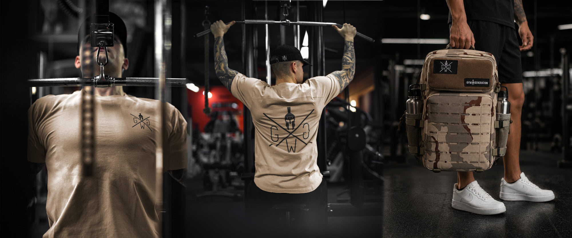 Beiges Gym Shirt für Herren mit Gym Warriors Print und taktischem Camo Gym Rucksack im Krafttraining-Studio