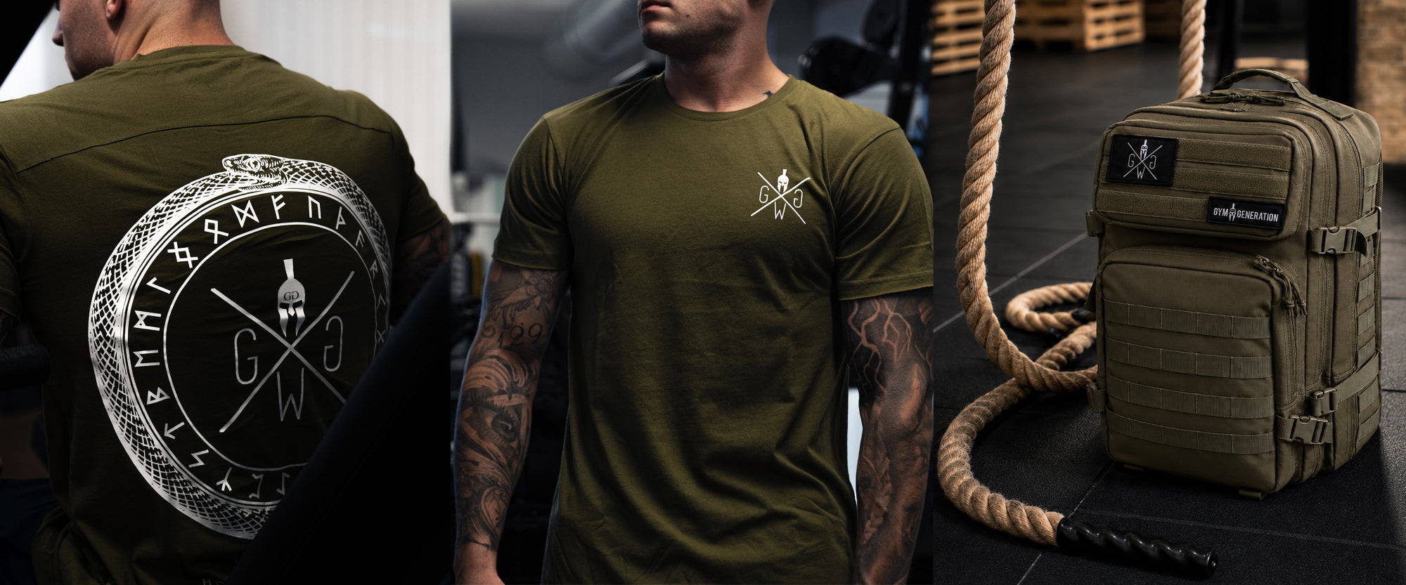 Olive Gym Shirts für Herren mit Gym Warriors Front- und Backprint sowie taktischem Gym Rucksack von Gym Generation