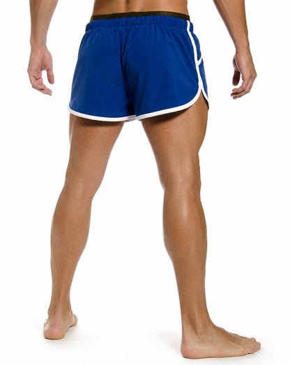 Blaue Zyzz Shorts für Herren von Gym Generation mit weissen Kontraststreifen in seitlicher Rückenansicht.