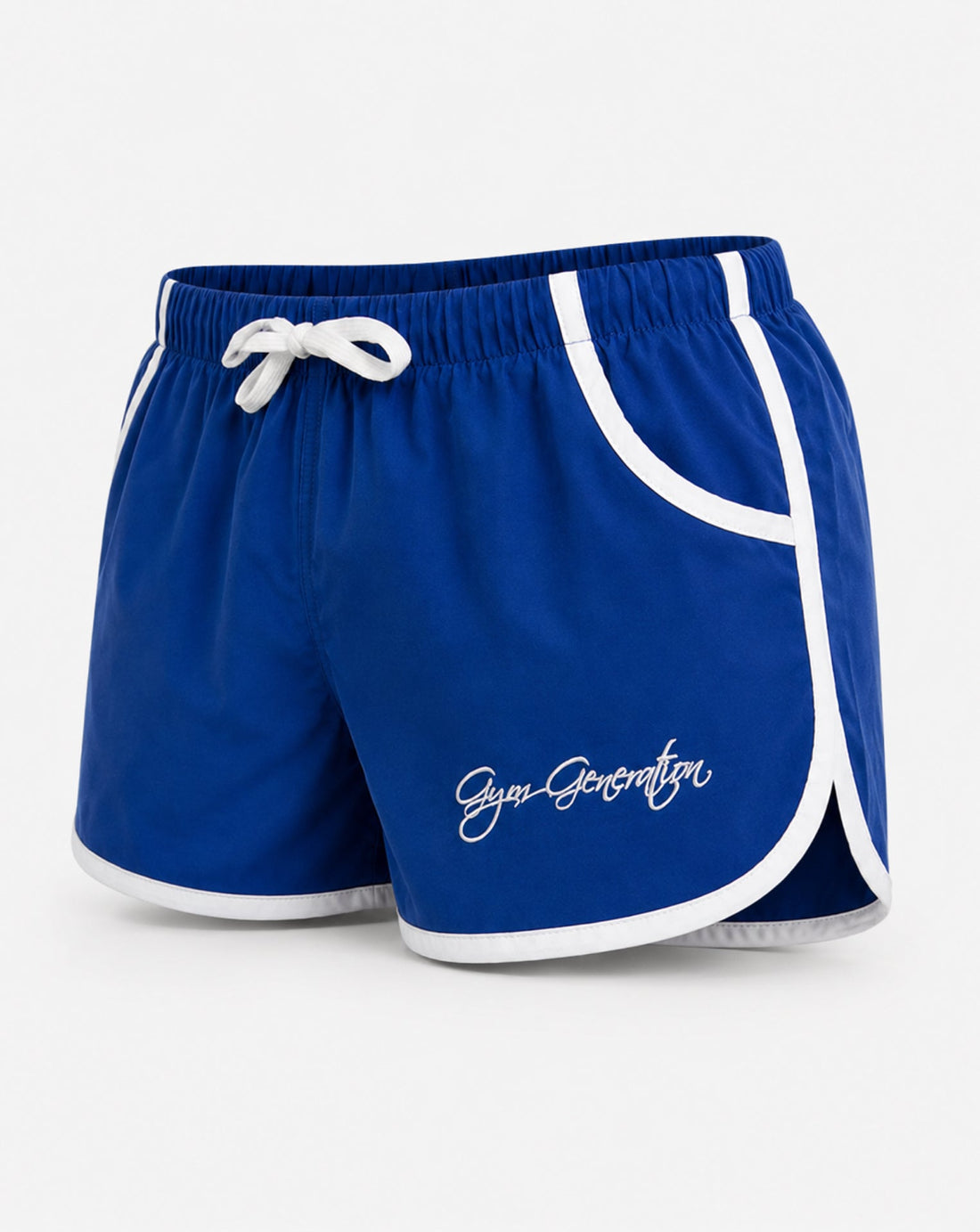 Blaue Zyzz Shorts für Herren von Gym Generation mit weissen Kontraststreifen, Kordelzug und Logo in seitlicher Produktansicht.