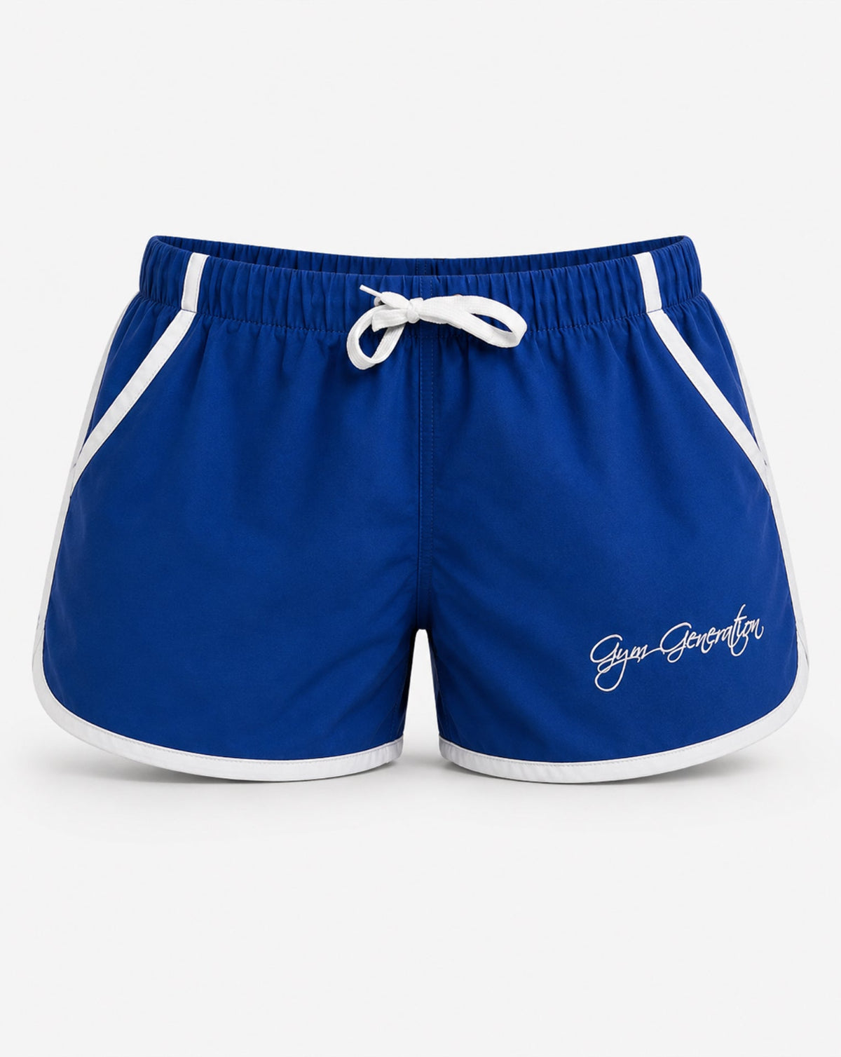 Blaue Zyzz Shorts für Herren von Gym Generation mit weissen Kontraststreifen, Kordelzug und Logo in gerader Frontansicht.