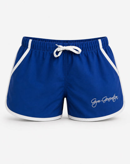 Blaue Zyzz Shorts für Herren von Gym Generation mit weissen Kontraststreifen, Kordelzug und Logo in gerader Frontansicht.