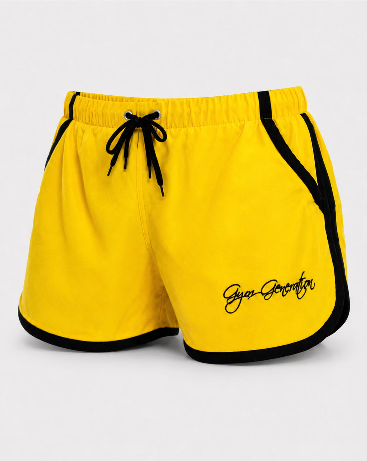 Gelbe Zyzz Shorts für Herren von Gym Generation mit schwarzen Kontraststreifen, Kordelzug und Logo in seitlicher Produktansicht.