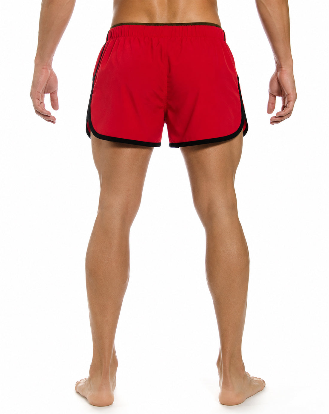 Rote Gym Generation Gym Shorts für Herren mit schwarzen Kontraststreifen in gerader Rückenansicht.