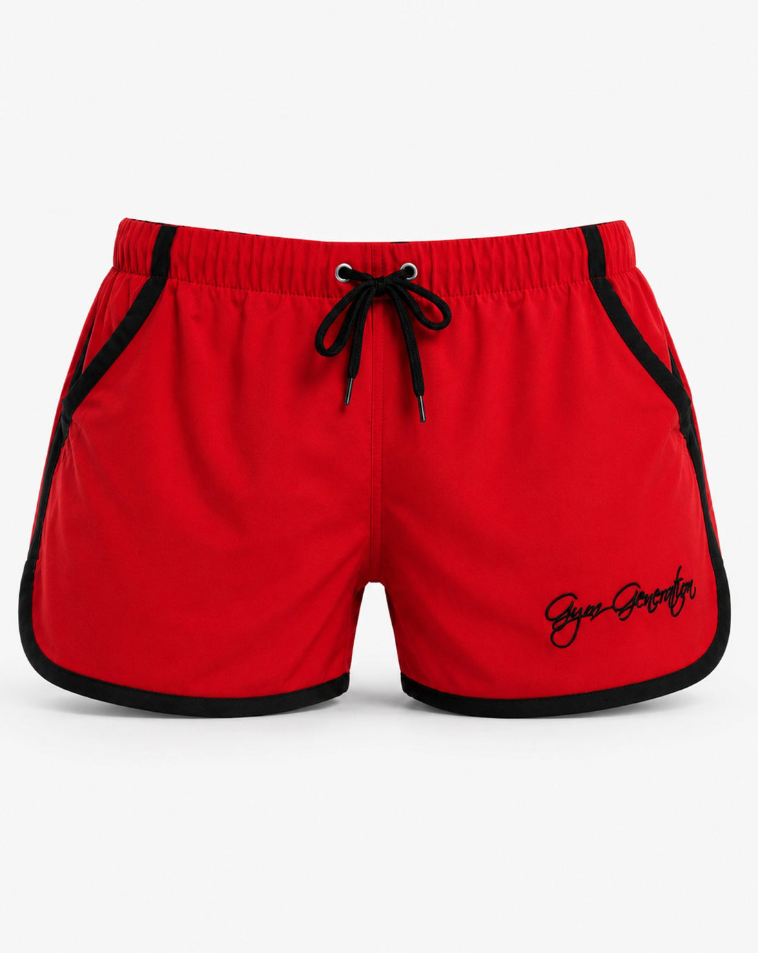 Rote Zyzz Shorts für Herren von Gym Generation mit schwarzer Einfassung, Kordelzug und Logo in gerader Frontansicht.