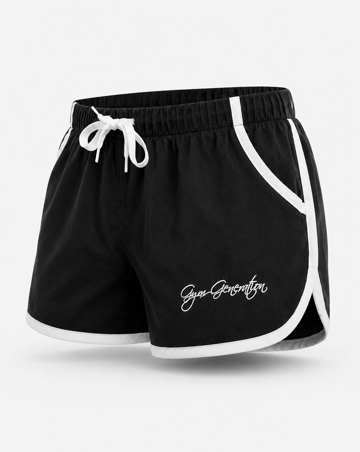 Schwarze Zyzz Shorts für Herren von Gym Generation mit weissen Kontraststreifen, Kordelzug und Logo in seitlicher Produktansicht.
