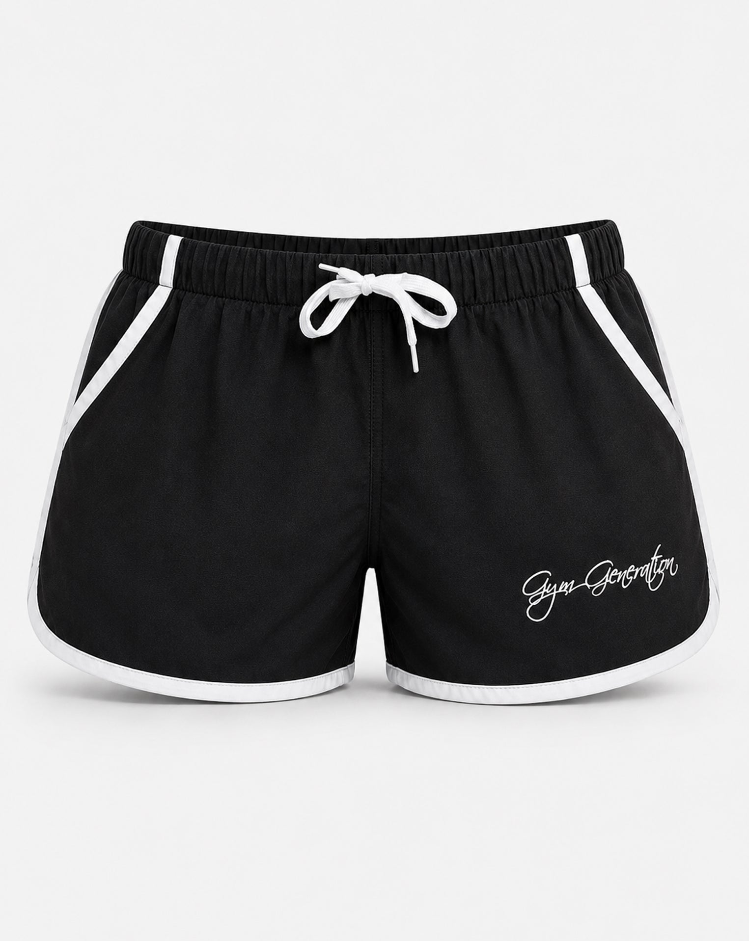 Schwarze Zyzz Shorts für Herren von Gym Generation mit weissen Kontraststreifen, Kordelzug und Logo in gerader Frontansicht.