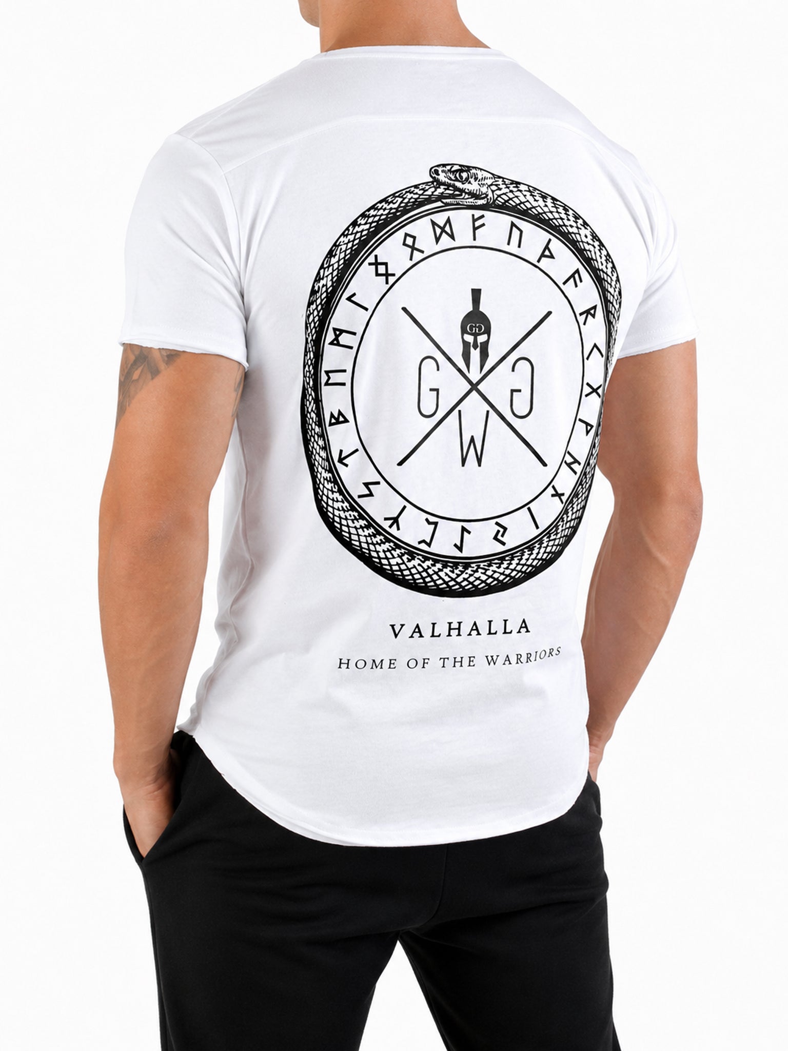 Weisses Valhalla Gym T-Shirt für Herren mit grossem schwarzem Rückenprint in seitlicher Ansicht