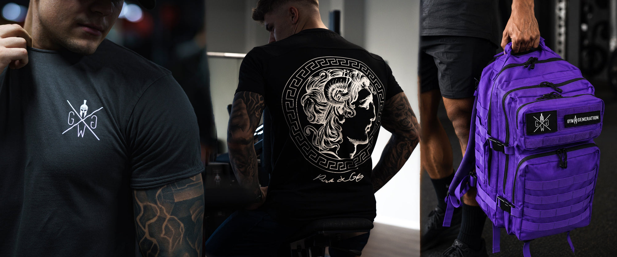 Gym Generation Herren Gym Wear in Schwarz mit Alexander Backprint und violettem taktischem Gym Rucksack im Fitnessstudio