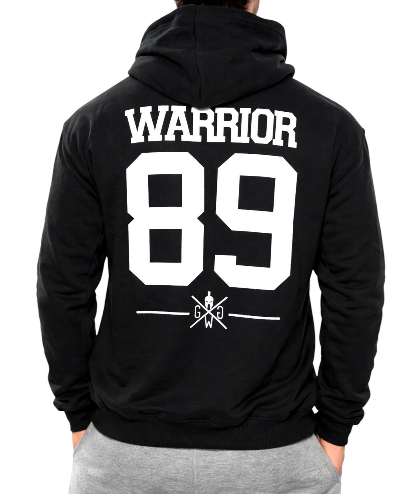 Schwarzer Gym Generation Herren Hoodie Rückenansicht mit Warrior 89 Print, Gym Hoodie für Krafttraining, Fitness und Streetwear