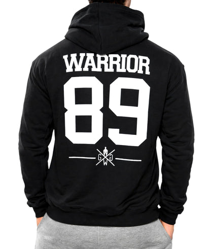 Schwarzer Gym Generation Herren Hoodie Rückenansicht mit Warrior 89 Print, Gym Hoodie für Krafttraining, Fitness und Streetwear
