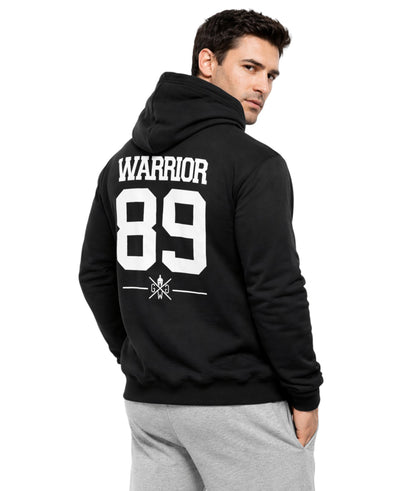 Schwarzer Gym Generation Herren Hoodie Rückansicht mit WARRIOR 89 Print, Premium Gym Hoodie für Krafttraining, Fitness, Streetwear und Athleisure Lifestyle