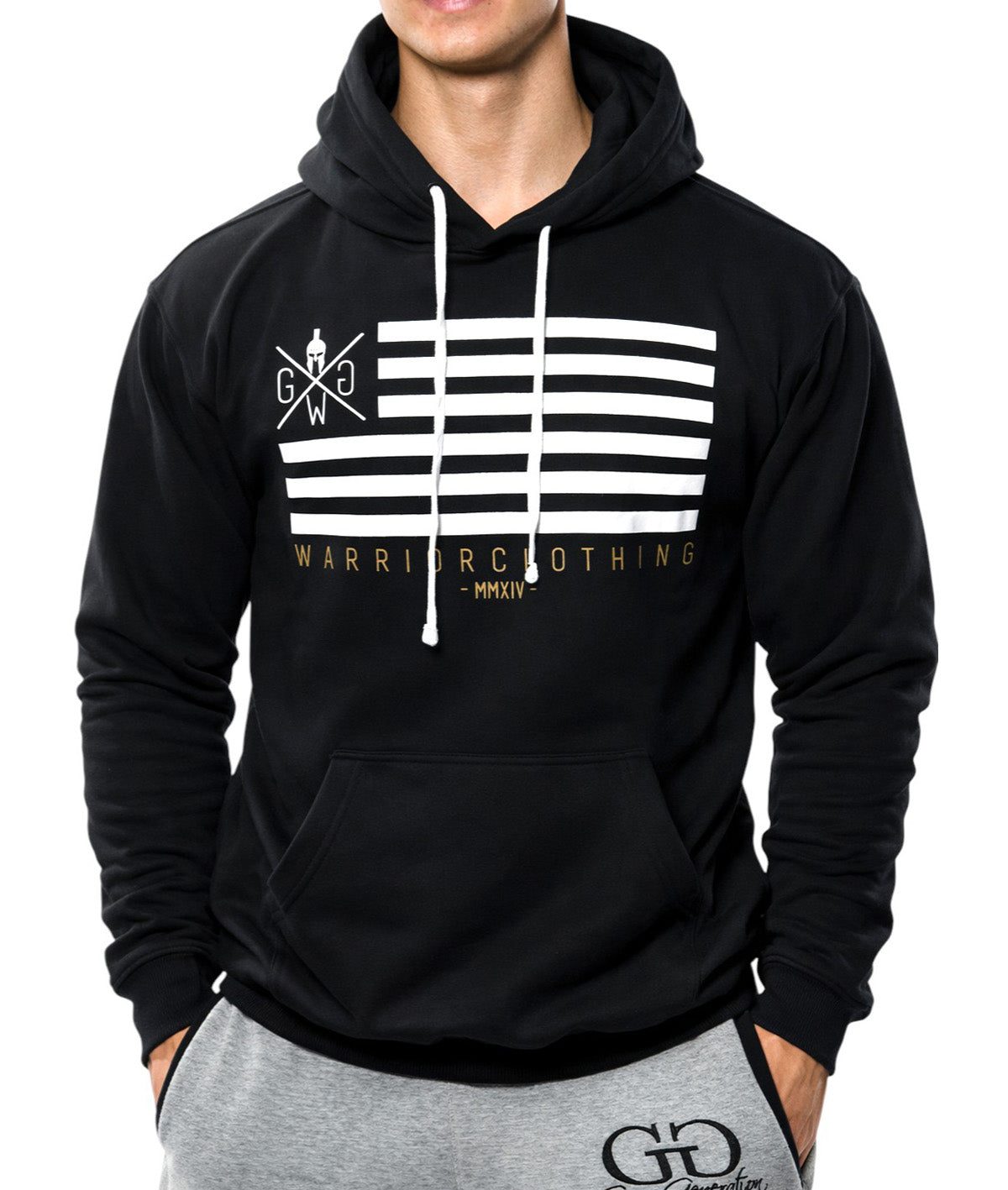 Schwarzer Gym Generation Herren Hoodie mit Warrior Flag Print, Premium Gym Hoodie für Krafttraining, Fitness und Streetwear