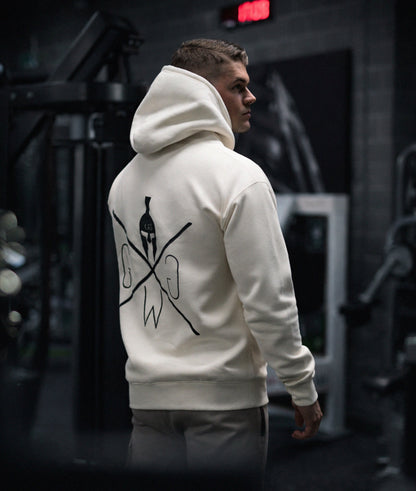 Rückenansicht eines Athleten im Gym mit Off-White Gym Generation Hoodie und großem Rückenlogo