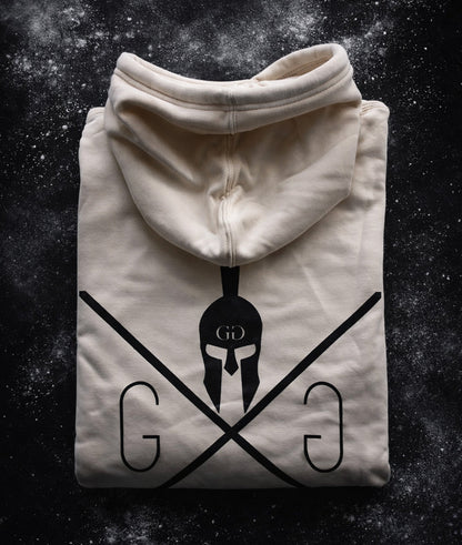 Off-White Herren Hoodie von Gym Generation mit großem Rückenprint und Spartaner-Logo, gefaltet im Studio-Flatlay
