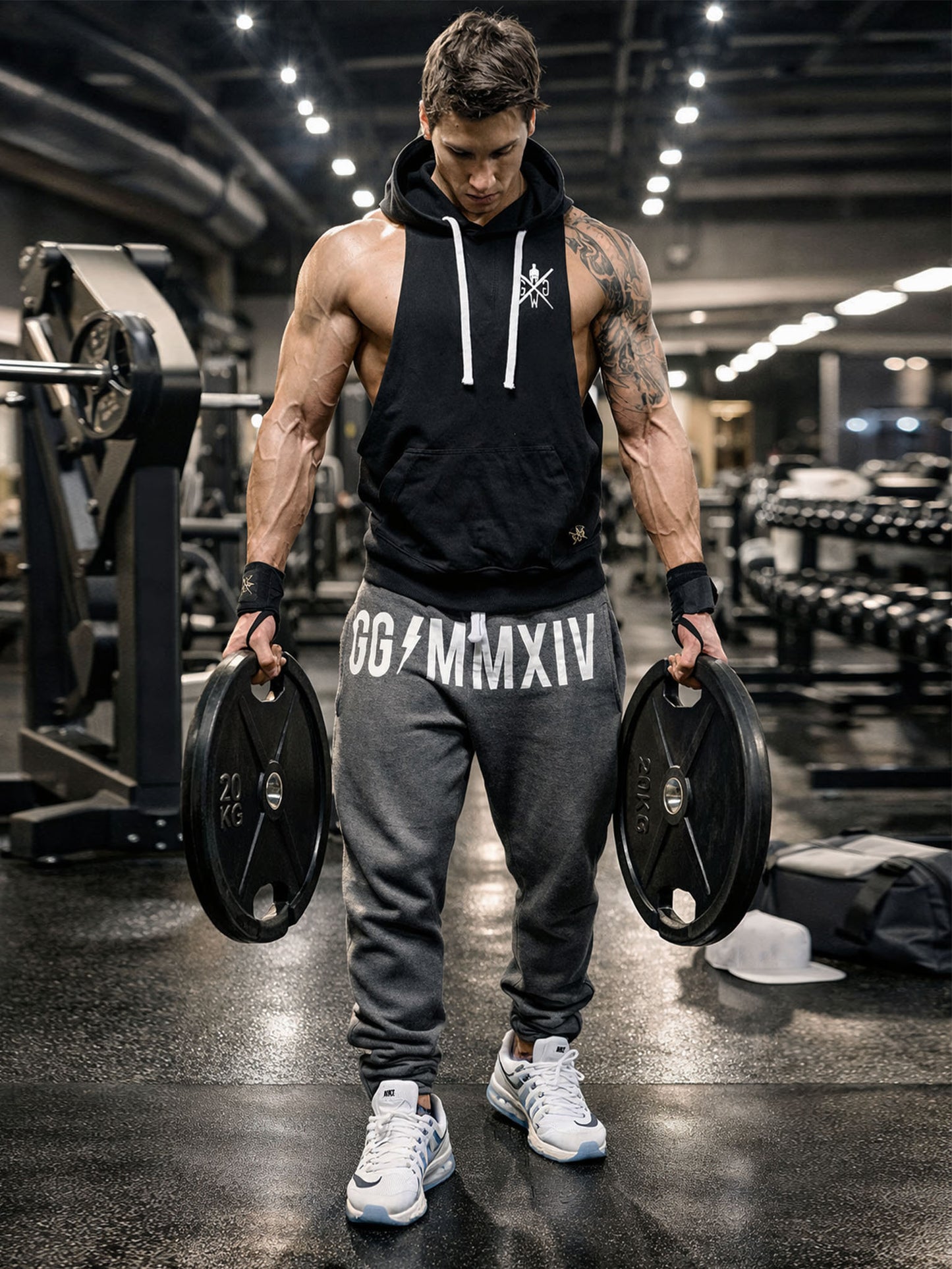 Athlet trägt Gym Generation Herren Jogginghose in Dunkelgrau beim Krafttraining im Fitnessstudio, sportliche Trainingshose im aktiven Einsatz mit Gewichten