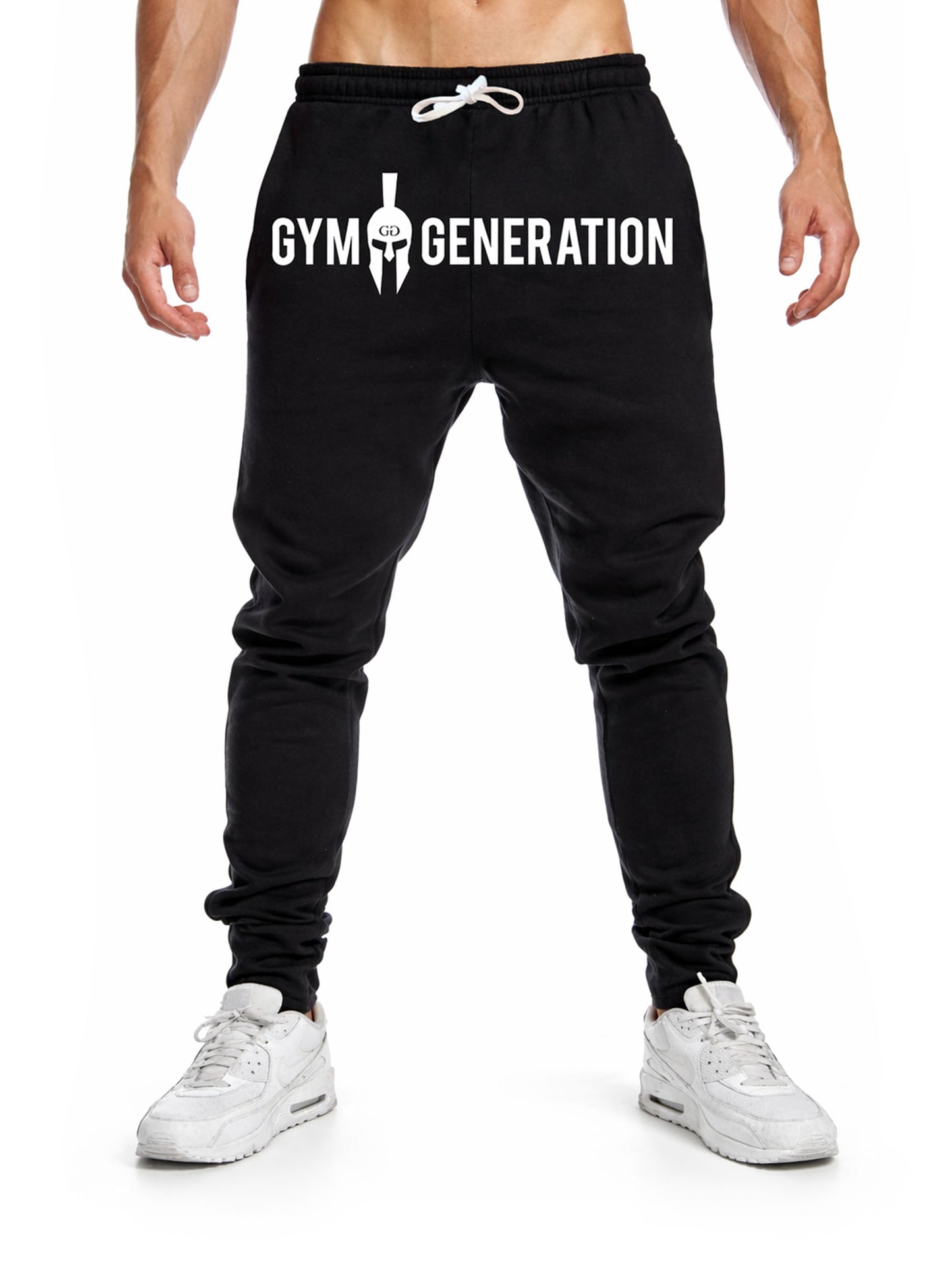Gym Generation Herren Jogginghose in Schwarz mit großem Logo-Frontprint und Kordelzug, sportliche Trainingshose für Fitnessstudio und Krafttraining