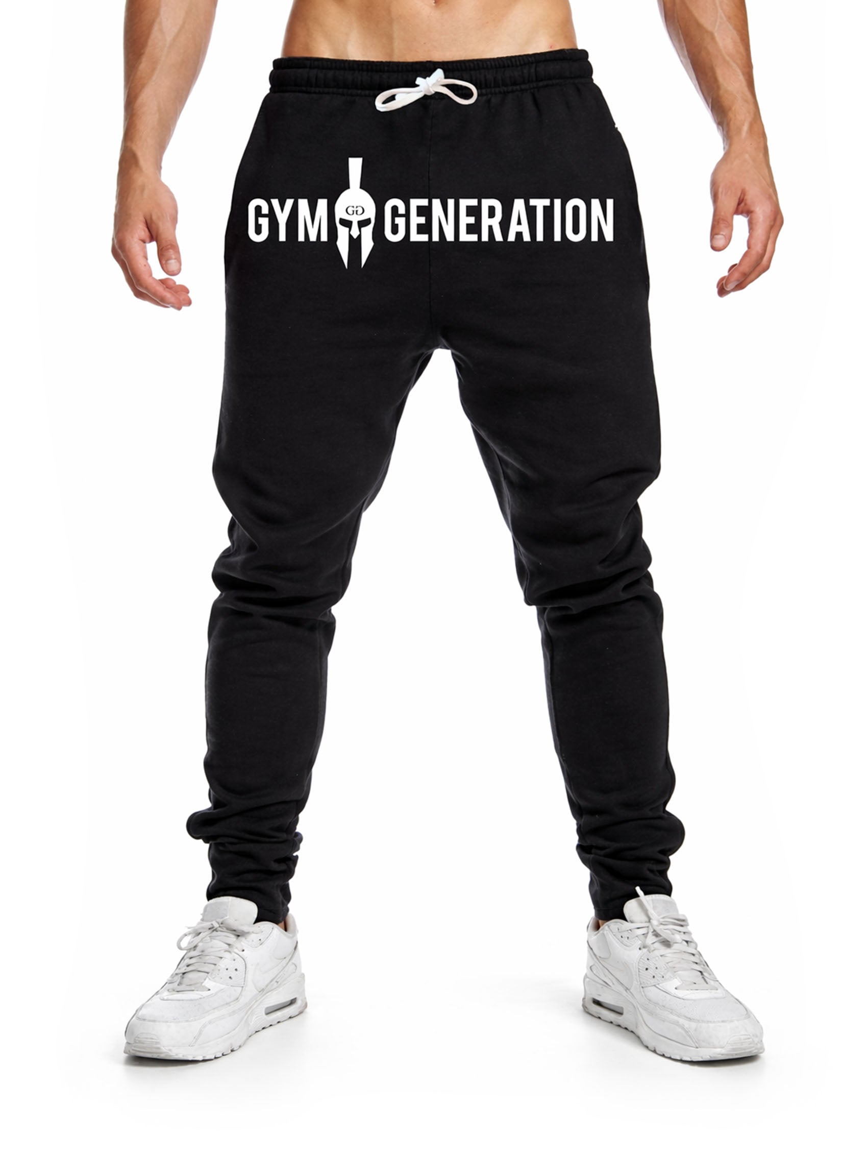 Gym Generation Herren Jogginghose in Schwarz mit großem Logo-Frontprint und Kordelzug, sportliche Trainingshose für Fitnessstudio und Krafttraining