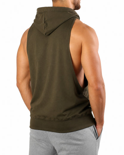 Olives Tank Top mit Kapuze schräg von hinten, Rücken ohne Print mit Kapuze und geripptem Saumbund