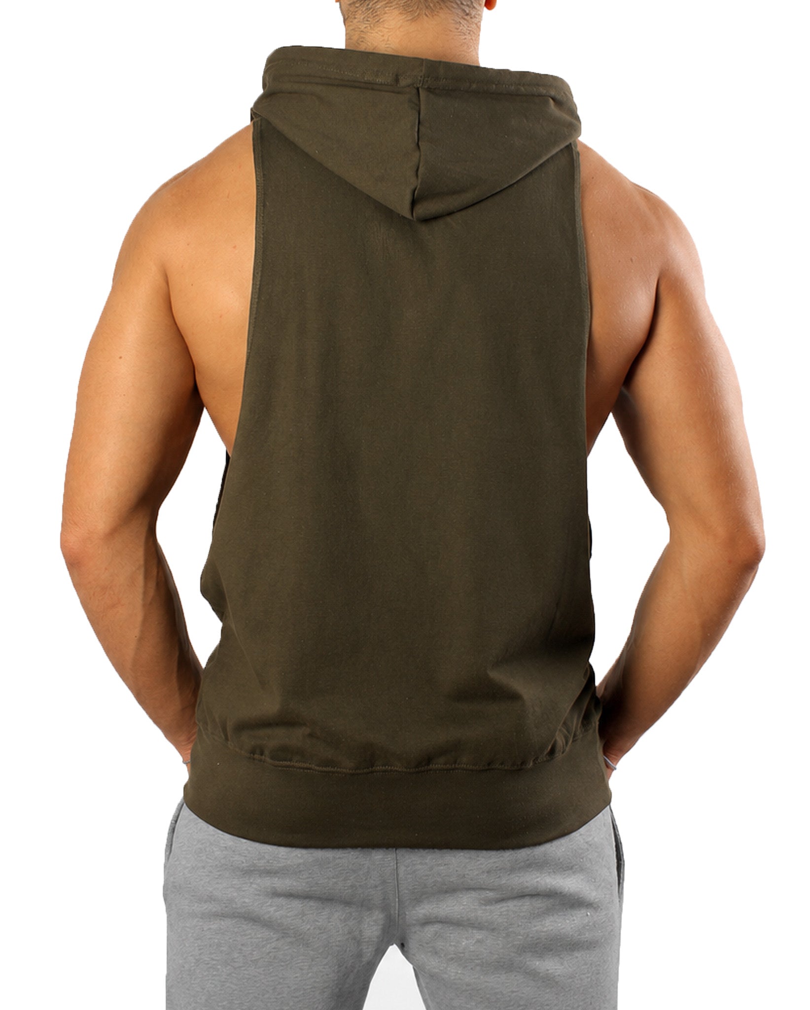 Olives Kapuzen Tank Top Herren von hinten mit Kapuze, geripptem Bund und tief angesetztem Armausschnitt