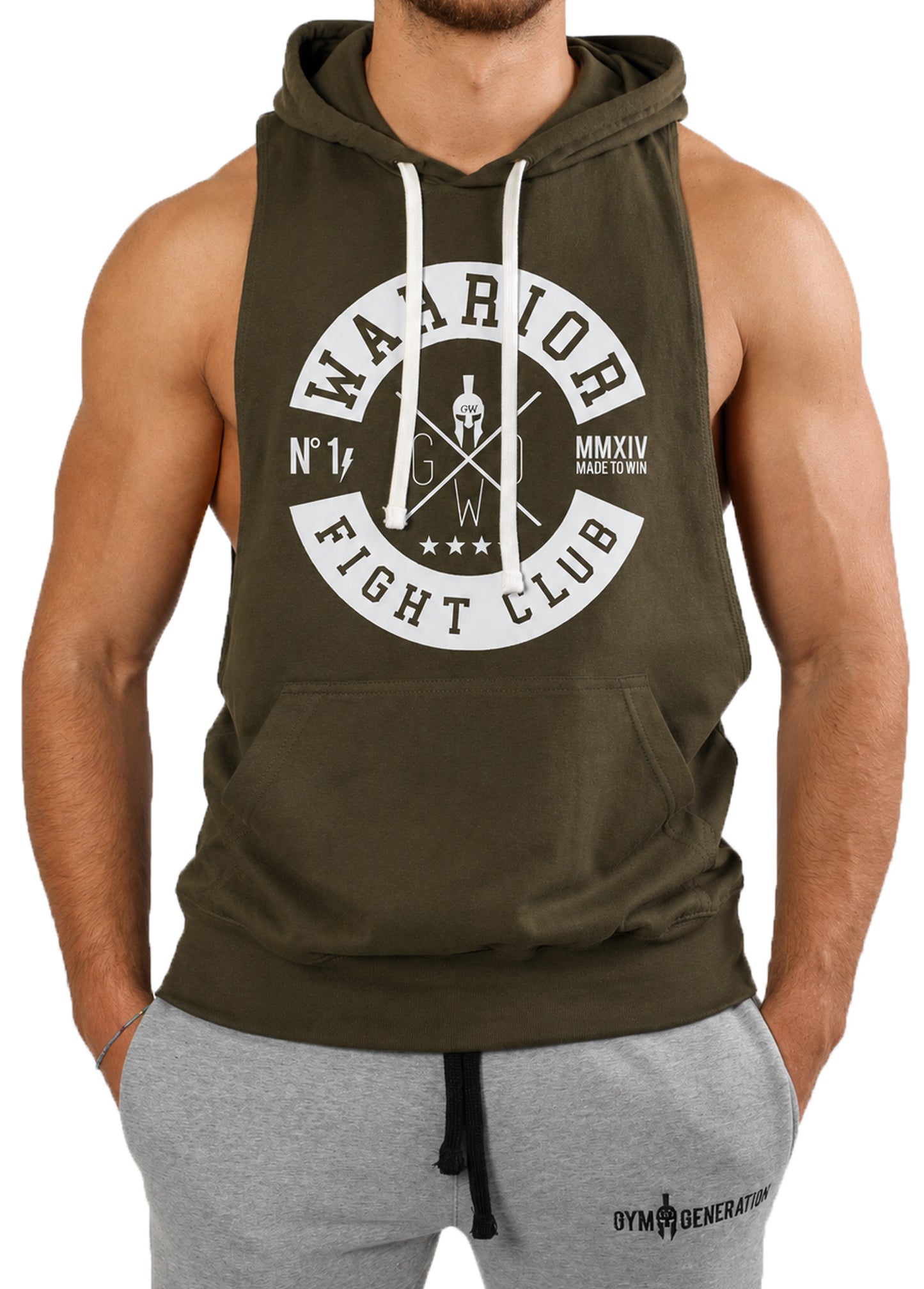 Tank Top mit Kapuze Herren in Olive mit grossem weissem Fight Club Print, Kängurutasche und Kordelzug