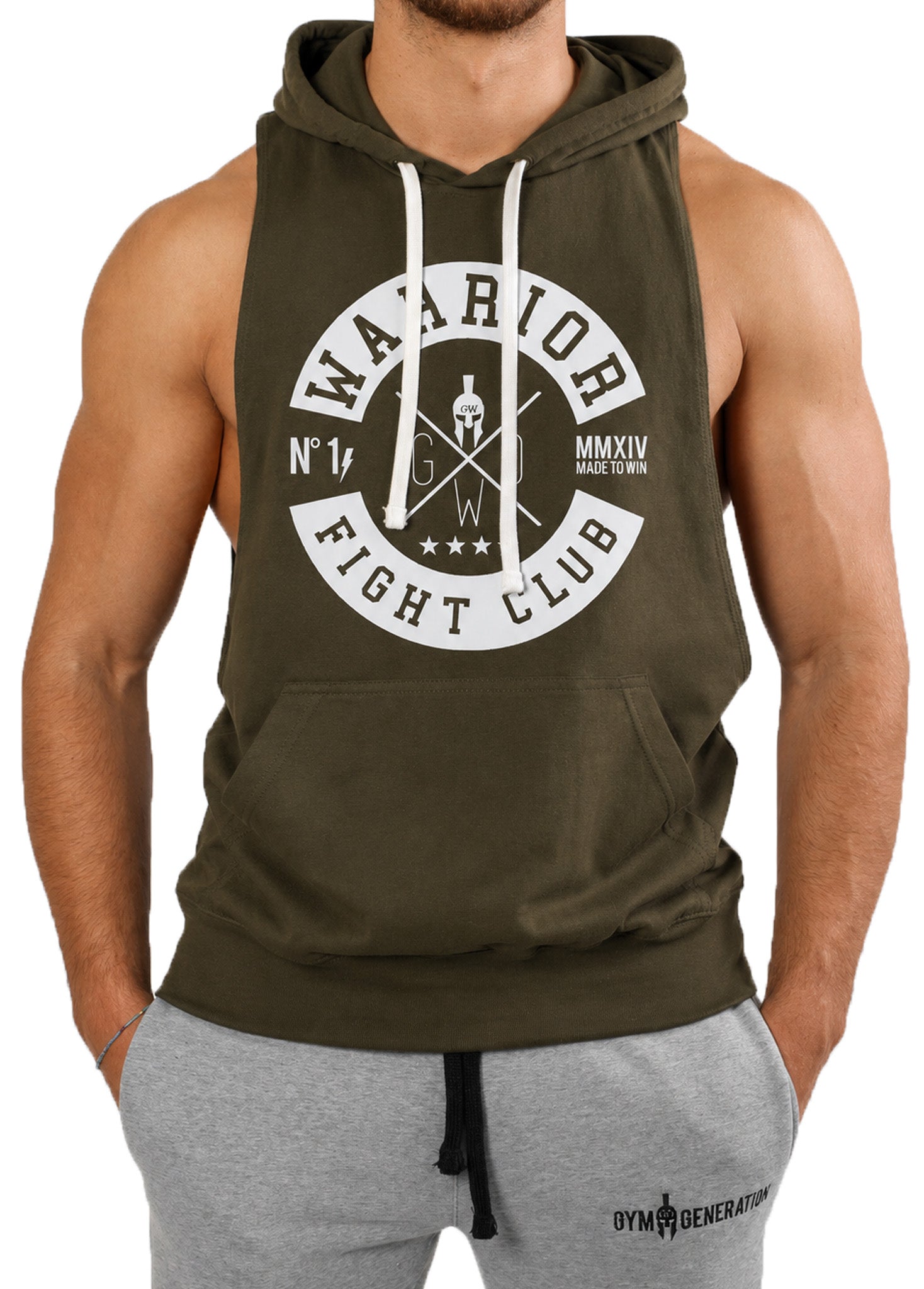 Tank Top mit Kapuze Herren in Olive mit grossem weissem Fight Club Print, Kängurutasche und Kordelzug