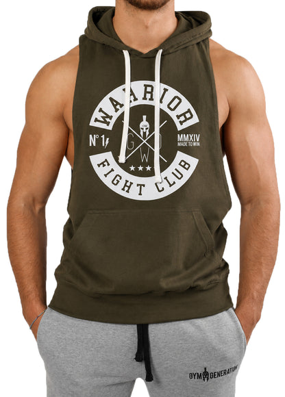 Tank Top mit Kapuze Herren in Olive mit grossem weissem Fight Club Print, Kängurutasche und Kordelzug