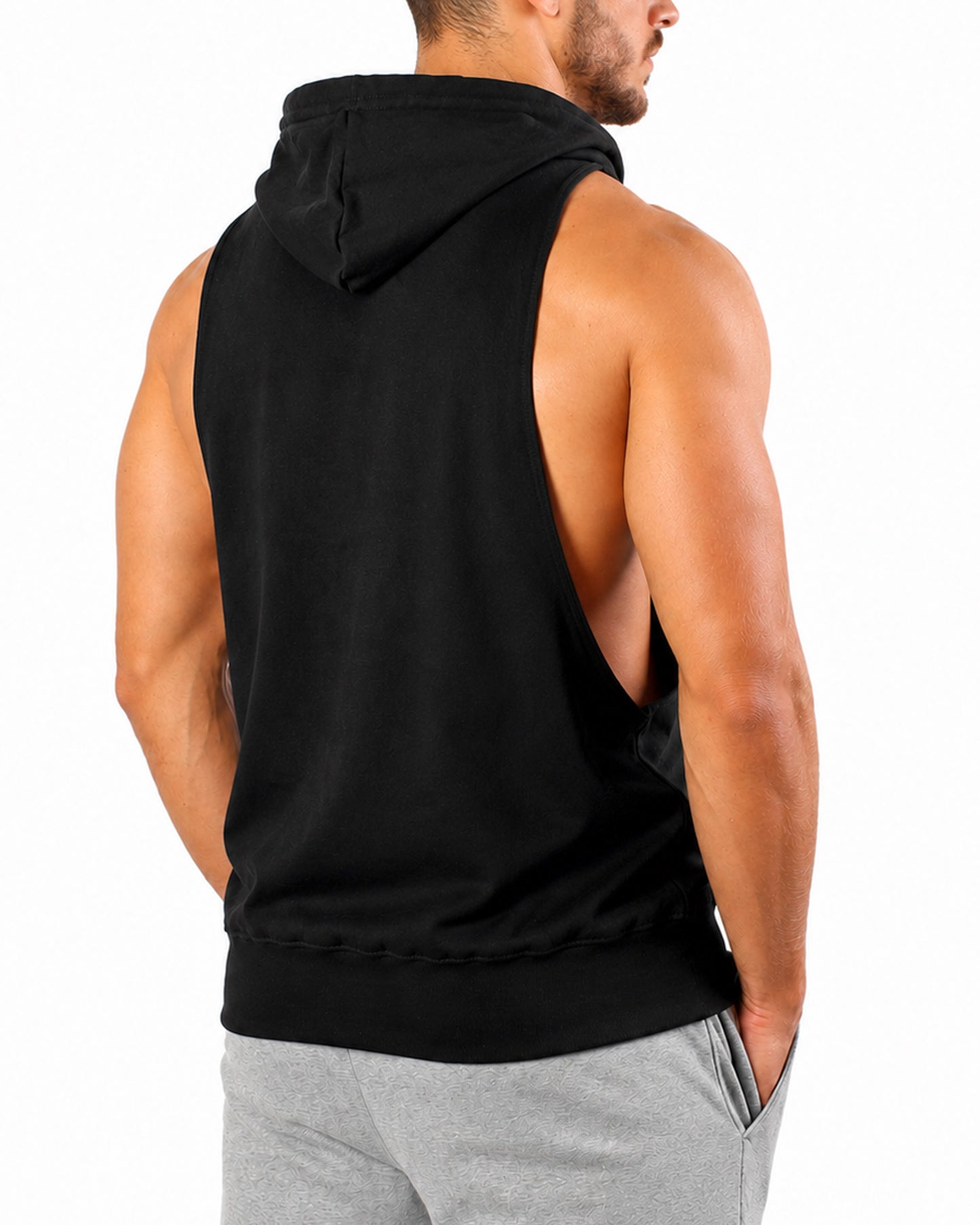 Schwarzes ärmelloses Hoodie Tank Top Herren in schräger Rückenansicht von Gym Generation
