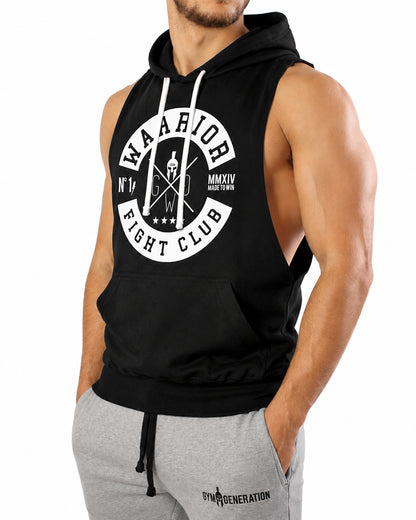 Schwarzes Fitness Kapuzen Tank Top Herren mit weissem Frontprint in schräger Vorderansicht von Gym Generation