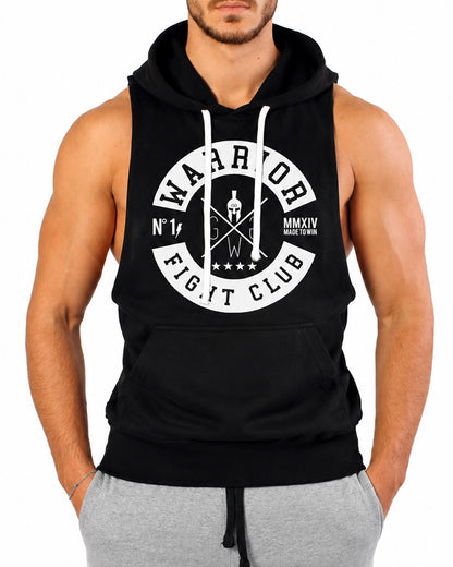 Schwarzes Kapuzen Tank Top Herren mit weissem Warrior Fight Club Print von Gym Generation