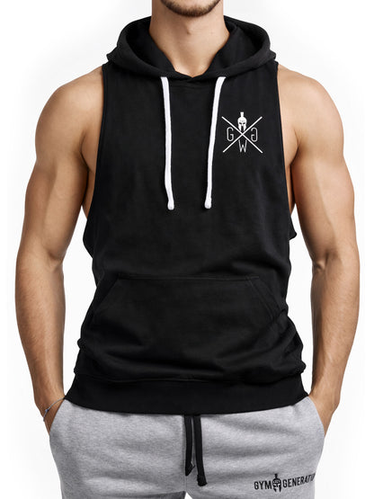 Schwarzes Gym Tank Top mit Kapuze für Herren von Gym Generation – ärmelloser Fitness Hoodie mit weißem Kordelzug und Logo auf der Brust