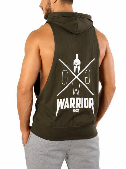 Gym Generation Warrior Hoodie Tank Top Olive in schräger Rückenansicht mit grossem weissem Print