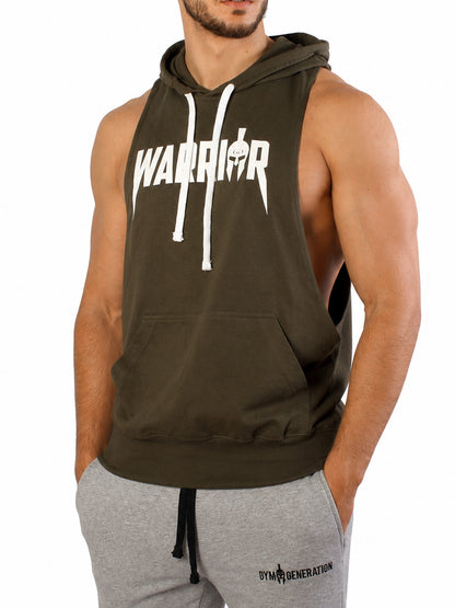 Gym Generation Warrior Kapuzen Tank Top in Olive für Herren mit tiefen Armausschnitten und Frontprint