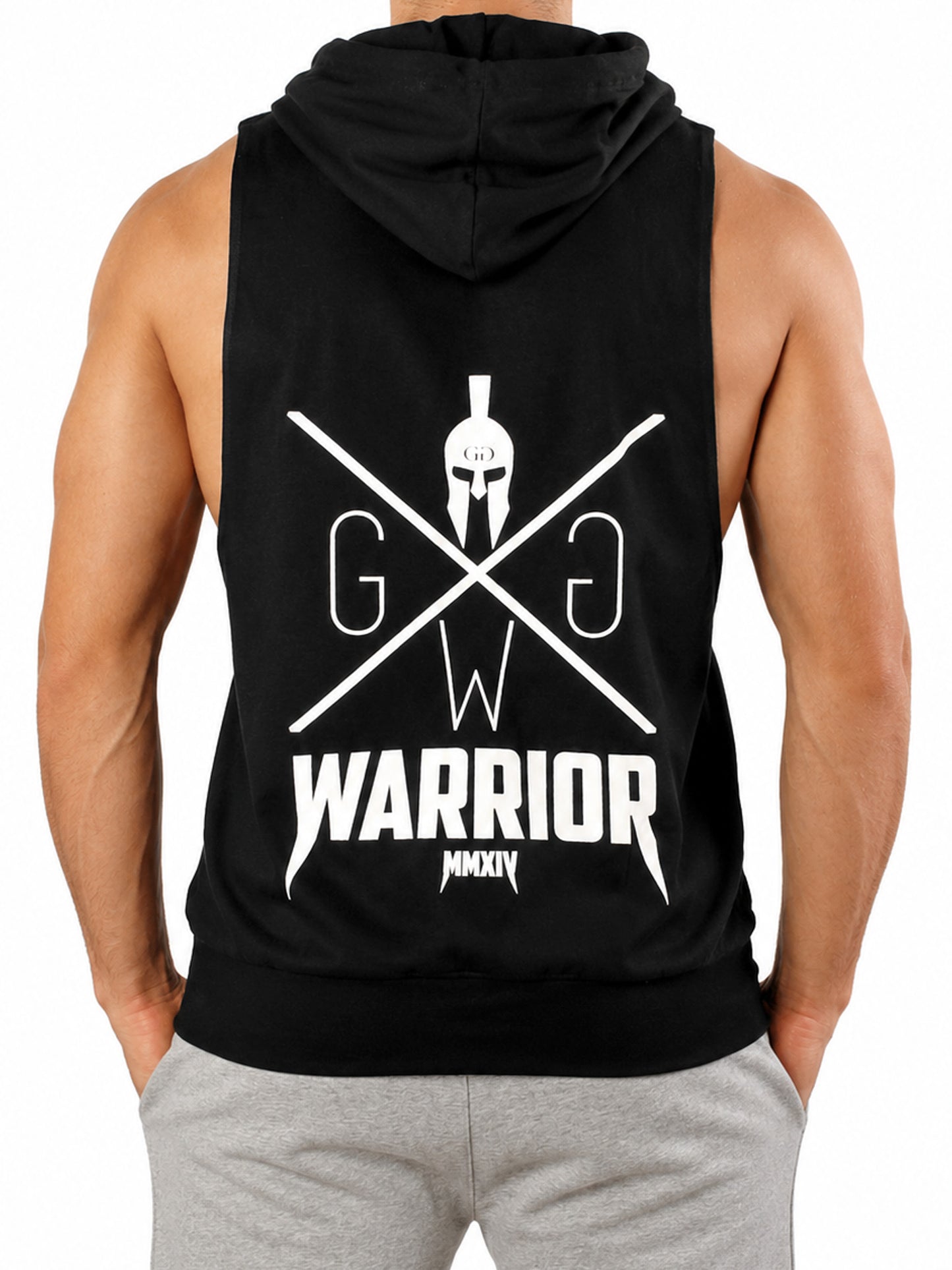 Kapuzen Tank Top Herren Schwarz von hinten mit Gym Generation Logo, Warrior Schriftzug und MMXIV