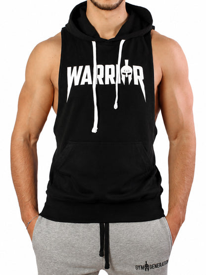 Tank Top mit Kapuze Herren in Schwarz mit grossem weissem Warrior Print und Kängurutasche